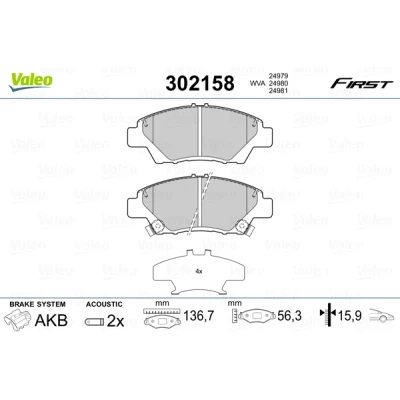 Bild av VALEO 302158 Jeu de plaquettes frein FIRST Essieu avant contact signal d&#039;usure inclus avec tôle anti bruit HONDA: Insight II 5 portes, Jazz 3
