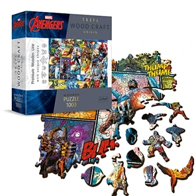 Bild av Trefl Träpussel: Marvel Comic Universe 1000 element, Wood Craft, träslöjd, oregelbundna former, 100 figurer och attribut av superhjältar, Premium pussel, för vuxna barn från 12 år uppåt