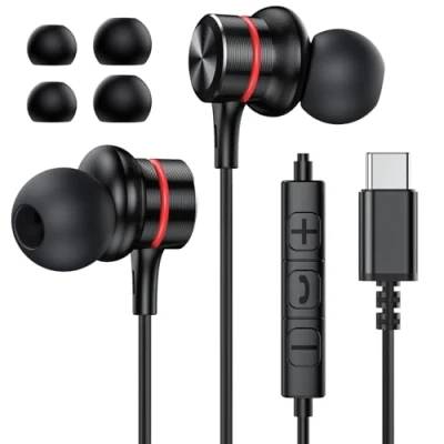 Bild av MOSWAG USB typ C hörlurar, öronsnäckor in ear trådbundna hörlurar med mikrofon för 15 Pro Max, Galaxy S23 S24 FE Ultra, Google Pixel 9 8 1Pack