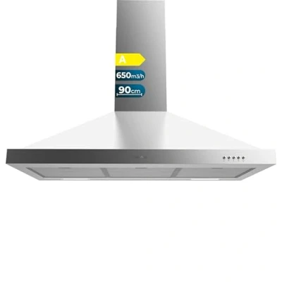 Bild av Cecotec Fläktkåpa 90 cm Pyramidal Bolero Flux PM 906500 Inox A. 165 W motor, svart finish, sug 650 m3/h, mekanisk styrning, 3 effektnivåer, ljus och kolfilter