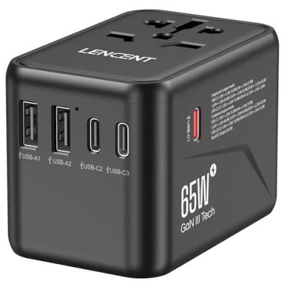 Bild av LENCENT 65W Snabb Laddning Universal Reseadapter över Hela världen, GaN III Internationell Travel Adapter med 2 USB A &amp; 3 Type C PD, Socket Worldwide för DE USA UK IT AUS CN, Typ C/G/A/I, Vit