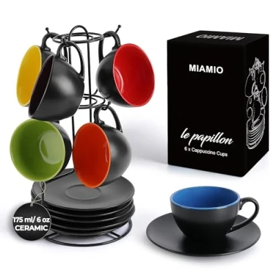 Bild av MIAMIO 6 x 175 ml Cappuccinokoppar/Cappuccinokoppar Set Utsidan Svart Insida Färgad Le Papillon Collection (Flerfärgad)