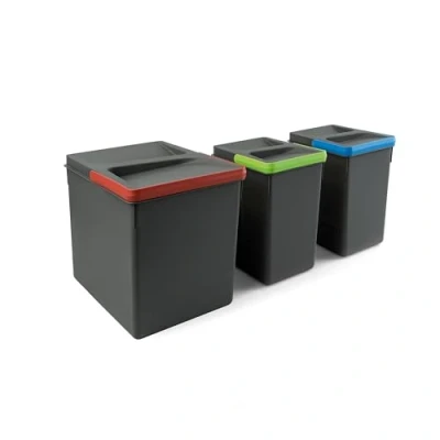 Bild av Emuca behållare för kökslådor med luktsäkert lock, utskuren bas avfallssortering, H 266 mm (10,4 tum), 1 x 15 L + 2 7 L, antracit grå plast