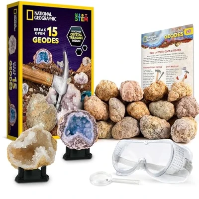 Bild av NATIONELL GEOGRAFIC Break Open 15 premiumgeoder inkluderar glasögon, detaljerad inlärningsguide och 3 visningsstativ fantastisk stamvetenskaplig gåva för mineralogi geologientusiaster i alla