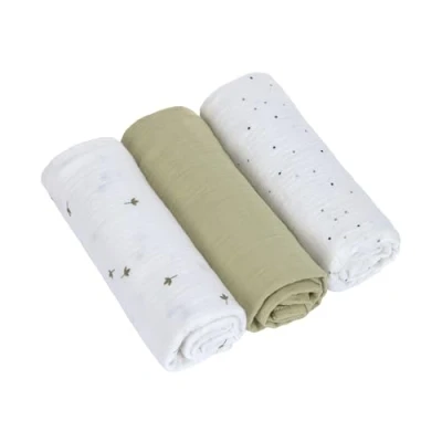 Bild av Casual baby skötfilt spottfilt mullduk set om 3 bomull 85 x cm/swaddle &amp; burpfilt L leave oliv