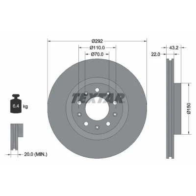 Bild av TEXTAR PRO 92221103 Disque de frein 292 22 05/10 110 ventilé l&#039;intérieur revêtu sans boulon fix roue, moyeu roue