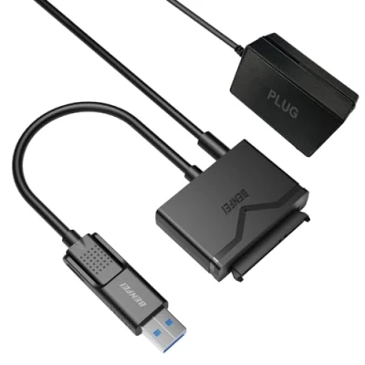 Bild av USB 3.0 till SATA adapter, Benfei III hårddiskadapter för 2,5 tum/3,5 tum HDD/SSD hårddisk och optisk enhet med 12 V/2 A nätadapter, stöder UASP