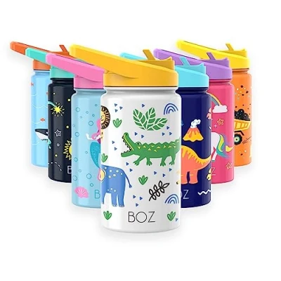 Bild av BOZ Kids vattenflaska med sugrör och läckagetät lock 400 ml, barnisolerad halmflaska, diskmaskinsäker, BPA fri plast, reptåligt tryck (Safari)