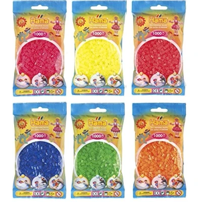 Bild av Hama Happy Price Toys Midi strykpärlor (Kon 5) i paket med 6 neonfärger (neongul, neonröd, neon fuchsia, neonblå, neongrön, neonorange) + strykinstruktioner 3 designmallar