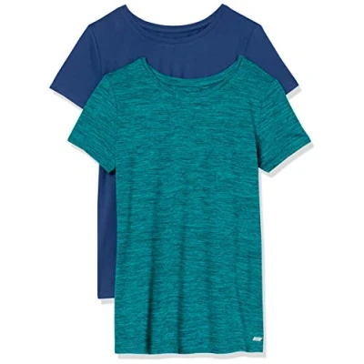 Bild av Amazon Essentials Dames Tech stretchig kortärmad T shirt med rund hals (finns i plusstorlek), 2 Pack, Blå/Blågrön Rymdfärg, M