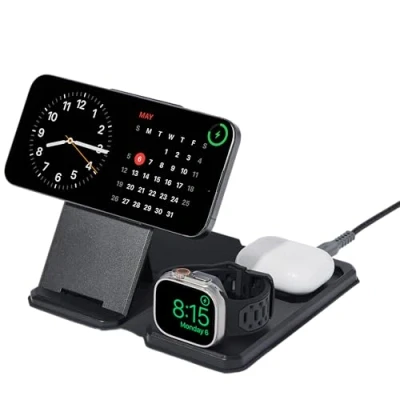 Bild av URBAN ARMOR GEAR SRGE 3 i 1 reseladdare vikbar (iPhone/AirPods/Apple Watch trådlös laddare, magnetisk, inkl. ficka/USB C till USB kabel/global nätadapter) svart/grå