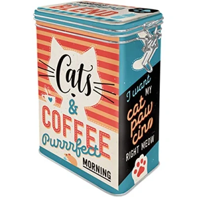 Bild av Nostalgic Art Kaffeburk i retrostil, Cats &amp; Coffee Presentidé för kattägare, Plåtask med aromlock, Deko vintagedesign, 1,3 l