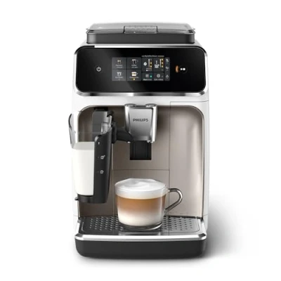 Bild av Philips 2300 Series Helautomatisk Espressomaskin 4 drycker, Modern färgpekskärm, LatteGo mjölksystem, SilentBrew, Keramisk Kvarn, AquaClean Filter. Vit Krom (EP2333/40)