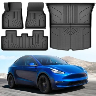 Bild av YITAHOME Tesla Model Y golvmattor, allväder halkskydd hög väggig 3D vattentäta gummimattor golvbeläggningsset, kompatibel med modell 2024 2023 2022 2021 2020 (4 stycken golvmattor)