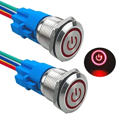 Bild av Aiqeer 2 stycken 19 mm låsande tryckknapp, 12 V/24 V 5 A automatisk tändning startbrytare, IP67 vattentät tryckbrytare i rostfritt stål, med förkopplat uttag (röd LED)