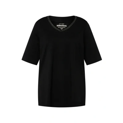 Bild av Ulla popken damer stora storlekar överdimensionerade plus size t shirt, pimabomull, a linje, bägarkrage, halvärm 821287, svart, 42 44