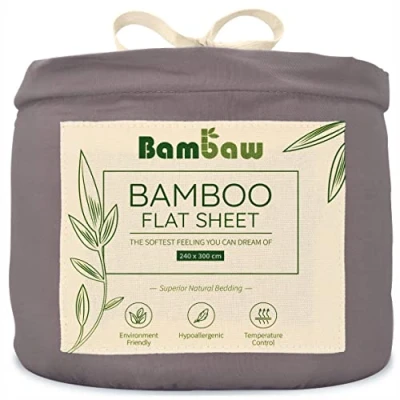 Bild av Bambaw Platt dubbellakan i bambu, 240 x 290 cm, hotellsängkläder, sänglakan, svalt, allergivänliga sängkläder, mjuk filt, mörkgrått