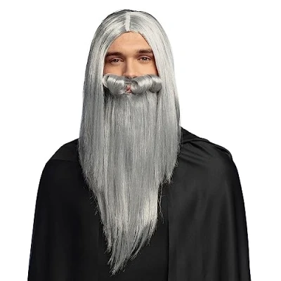 Bild av Boland 85712 trollkarlsperuk med skägg, långt grått hår, trollkarl, tillbehör för karnevalskostymer, temafest, cosplay