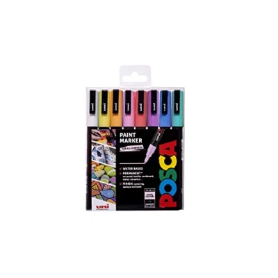 Bild av POSCA PC 3M vattenbaserade permanenta färgpennor. Premium medium spets för konst och hantverk. Användning med flera ytor på trä, metall, papper, kartong, glas, tyg, keramik sten. Set 8
