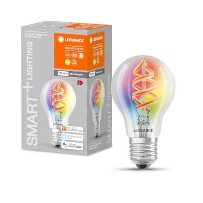 Bild av LEDVANCE Smart LED lampa med Wifi, E27 sockel, dimbar, RGB färger och ljusfärg som kan ändras, klassisk A form, klar, kontrollerbar Alexa, Google App, 1 pack, pack