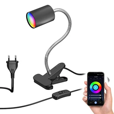 Bild av ledscom.de Klämlampa WAIKA med svanhals och strömbrytare svart matt, inkl. Smart Home RGBW GU10 LED lampa, 5.41W, 473lm