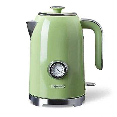 Bild av Wiltal Vattenkokare 1,7 l, 2 200 W, rostfritt stål, kan kombineras med brödrost, retrostil (vattentemperaturdisplay i retrodesign, extern vattennivåindikator), vintage, retro grön