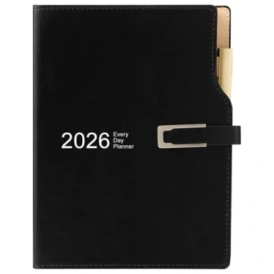 Bild av Akademisk dagbok 2026 A5 dag till sida, schemaorganiserare med kalenderklistermärken, agenda dagboksplanerare pennhållare och penna, premium tjockare papper 14 x 21,5 cm (svart)