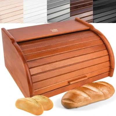 Bild av Creative Home Brödkorg av Trä 38 x 28,5 17,5 cm (+/ 1 cm) Naturligt Bokträ med ålack Behållare Rulltopp Brödlåda för Varje Kök Perfekt Torrfoder