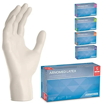 Bild av ARNOMED Latex engångshandskar S, vita, puderfria, 100 st/ask, engångshandskar, i latex, latexhandskar finns storlekarna XS, M, L &amp; XL.