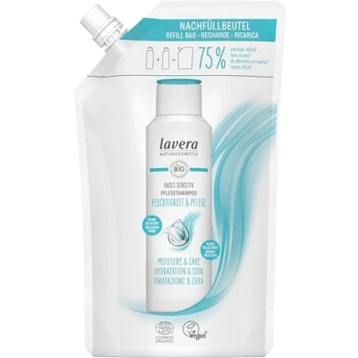 Bild av lavera Påfyllningspåse bas känslig vård schampo fukt och intensiv skonsam utan silikoner vegansk naturkosmetik 500 ml