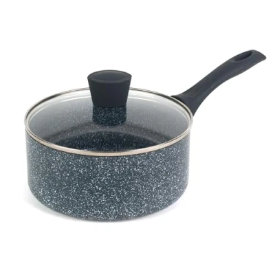 Bild av Russell Hobbs RH00846EU non stick kastrull pressad aluminium mjölkkastrull med härdat glaslock, 20 cm/2,6 L såskastrull för induktion, liten matlagningsgryta mjukt bakelithandtag, nattfallssten