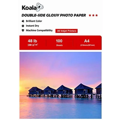 Bild av KOALA Dubbelsidigt glansigt bläckstrålefotopapper A4, 180 gsm, 100 ark för bläckstråleskrivare. Lämplig utskrift av foton, broschyrer, omslag, certifikat, flygblad, kort
