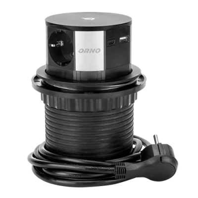 Bild av ORNO GM 9017(GS) Möbeluttag Pop Up 3 vägs Ø10cm från Bänkskiva med Induktiv USB laddare och 1,5 m Kabel 3x2P+J (Schuko) Qi 1.2.4 max. 10W 2xUSB QC 3.0