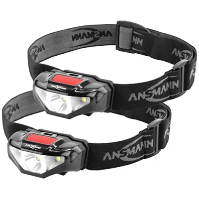 Bild av ANSMANN LED pannlampa, HD70B, set om 2 med 65 lumen, IP44 stänkskydd, 80 m räckvidd, 3 funktioner W pannlampa perfekt för cykling, löpning hund, jogging, fiske, camping och verkstad