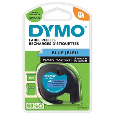 Bild av DYMO LetraTag plastetiketter Originaletiketter Rulle på 12 mm x 4 m Svart text blå etiketter Självhäftande för flera syften etikettskrivare