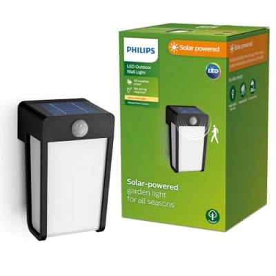 Bild av Philips Shroud solcellsdriven vägglampa för utomhusbruk, 2,3 W, 2700 K, svart, klarglas, rörelsesensor, IP44 vädertätning