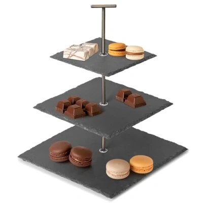 Bild av Navaris tårtställ med 3 nivåer, fyrkantigt svart naturligt skifferbricka muffinsställ eftermiddagste stativ perfekt för cupcakes, kakor, desserter, frukt och mer