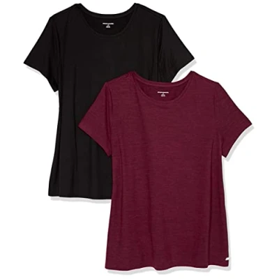 Bild av Amazon Essentials Dames Tech stretchig kortärmad T shirt med rund hals (finns i plusstorlek), 2 Pack, Svart/Vinröd Rymdfärg, L