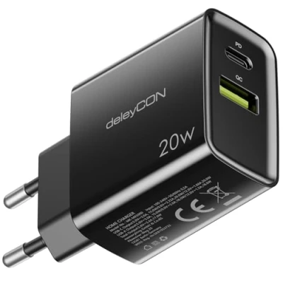 Bild av deleyCON Laddare USB A och C (2 Portar Snabbladdning) Nätadapter för iPhone 16/15/14/13/12/11 iPad Galaxy S24/S23 Pixel Mobiltelefon PD 3.0 Svart