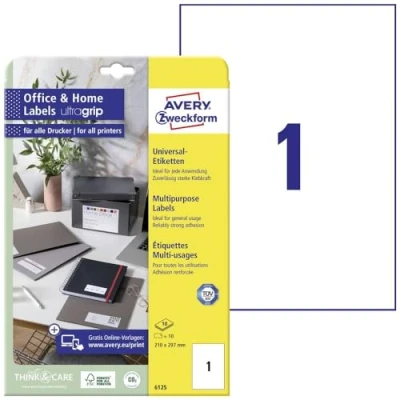 Bild av AVERY Zweckform 6125 universella etiketter (10 självhäftande etiketter, 210 x 297 mm på A4, utskrivbara adressklistermärken, fraktetiketter med ultragrip, perfekt för HomeOffice) 10 ark,