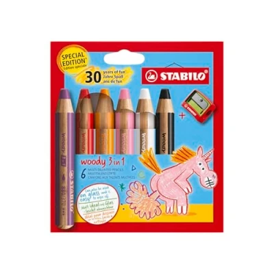 Bild av STABILO Multi talangfull penna träig 3 i 1 paket med 6 födelsedagsutgåva enhörning blandade färger pennvässare