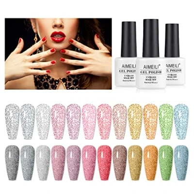 Bild av AIMEILI Glitter Gel nagellack Set, 8 ml 12 färger Blötlägg av UV LED Gnistra Nail Art Manikyr presentuppsättning Skinande Sparkle Kit 7