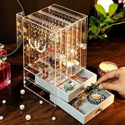Bild av Belle Vous Örhängesförvaring &amp; Smyckeshållare L12,8 x B13 H24,5 cm Dammsäker Akrylhängning Organisatör Räcke Sammetspåse Örhängen, Halsband, Ringar Armband