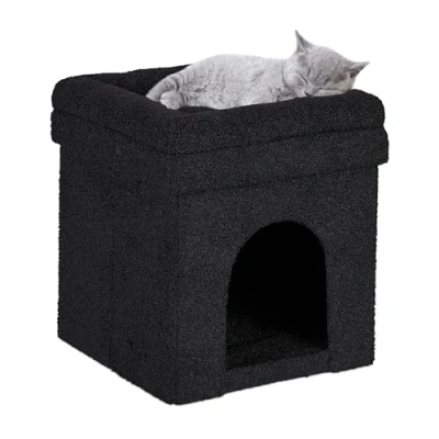 Bild av Relaxdays Kattgrotta med sittstöd, vikbar sittpall, gömställe för katter och hundar, HxBxD 42 x 38 cm, svart