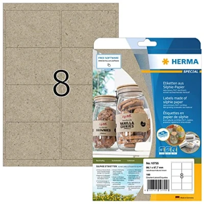 Bild av HERMA 10755 adressetiketter av gräspapper, 20 ark, 99,1 x 67,7 mm, 8 per A4 160 stycken, självhäftande, tryckbara, matt, blankt silfipapper adressklistermärken etiketter, naturbrun