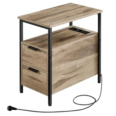 Bild av VASAGLE Table d&#039;Appoint med Multiprise, Petite Fine 2 Tiroirs, de Chevet Rangement, pour Salon, Chambre, Marron Camel et Noir d&#039;encre LET325K01