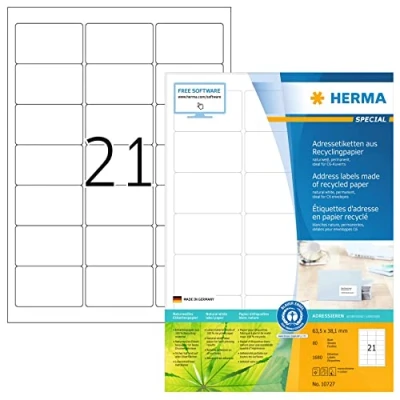 Bild av HERMA Set med 10727 återvunna DIN A4 etiketter (63,5 x 38,1 mm, 80 ark återvunnet papper, matt) klistermärken, utskrivbara, permanenta 1680 självhäftande etiketter, naturvit