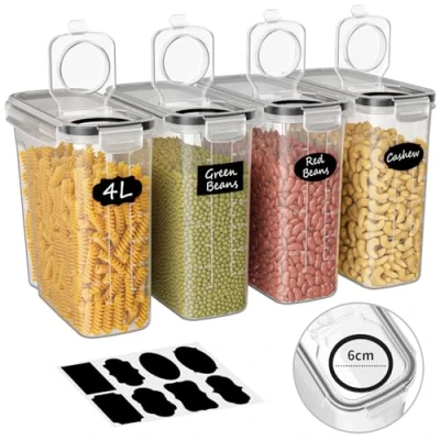 Bild av Withosent 4L Hermetiska behållare för livsmedel 4 delar, Plastbehållare Kök Organizer med lock, Matbehållare spannmål, Müsli dörr, mjöl, Cornflakes