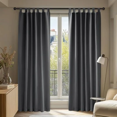 Bild av Deconovo Mörkläggningsgardin ogenomskinliga öglor för värmeisoleringsgardiner, 200x140 cm (H x B), Mörkgrå, uppsättning med 2