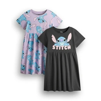 Bild av Disney Lilo &amp; Stitch Girls Dress Pack of 2 Mörkgrå Lavendar Alien Grafiska Kortärmade Multi sommarklänningar